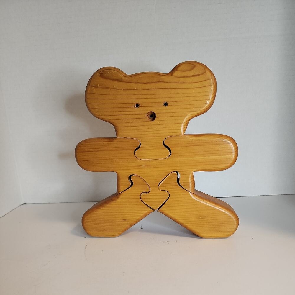 Hand Made 7" Wooden Teddy Bear Large 4 Piece Puzzle